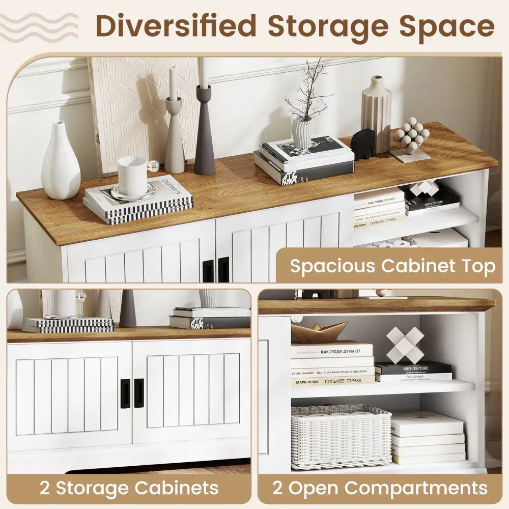 Farmhouse TV Stand for TVs up to 65 Inch with Sliding Doors and Storage Cabinets-White - White - Entertainment Centers