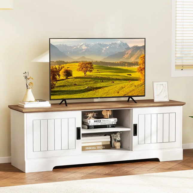 Farmhouse TV Stand for TVs up to 65 Inch with Sliding Doors and Storage Cabinets-White - White - Entertainment Centers