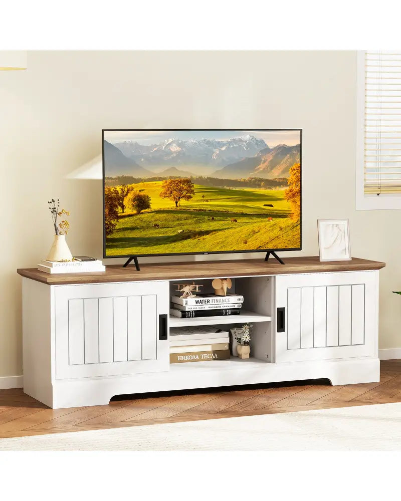 Farmhouse TV Stand for TVs up to 65 Inch with Sliding Doors and Storage Cabinets-White - White - Entertainment Centers