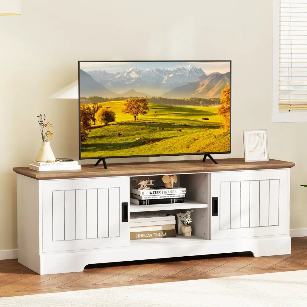Farmhouse TV Stand for TVs up to 65 Inch with Sliding Doors and Storage Cabinets-White - White - Entertainment Centers