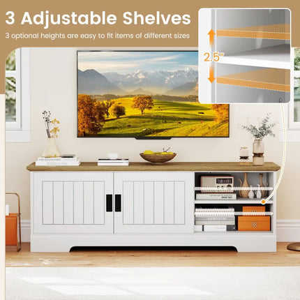 Farmhouse TV Stand for TVs up to 65 Inch with Sliding Doors and Storage Cabinets-White - White - Entertainment Centers