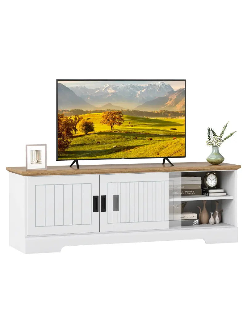 Farmhouse TV Stand for TVs up to 65 Inch with Sliding Doors and Storage Cabinets-White - White - Entertainment Centers