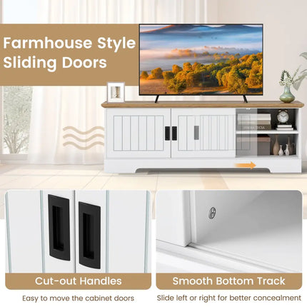 Farmhouse TV Stand for TVs up to 65 Inch with Sliding Doors and Storage Cabinets-White - White - Entertainment Centers