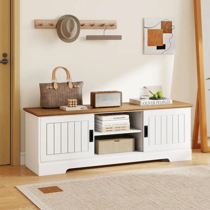 Farmhouse TV Stand for TVs up to 65 Inch with Sliding Doors and Storage Cabinets-White - White - Entertainment Centers