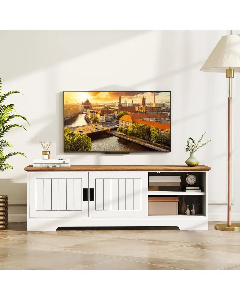 Farmhouse TV Stand for TVs up to 65 Inch with Sliding Doors and Storage Cabinets-White - White - Entertainment Centers