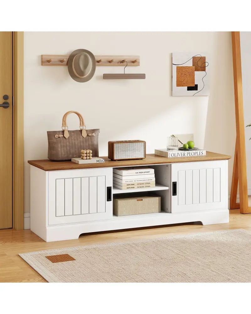 Farmhouse TV Stand for TVs up to 65 Inch with Sliding Doors and Storage Cabinets-White - White - Entertainment Centers