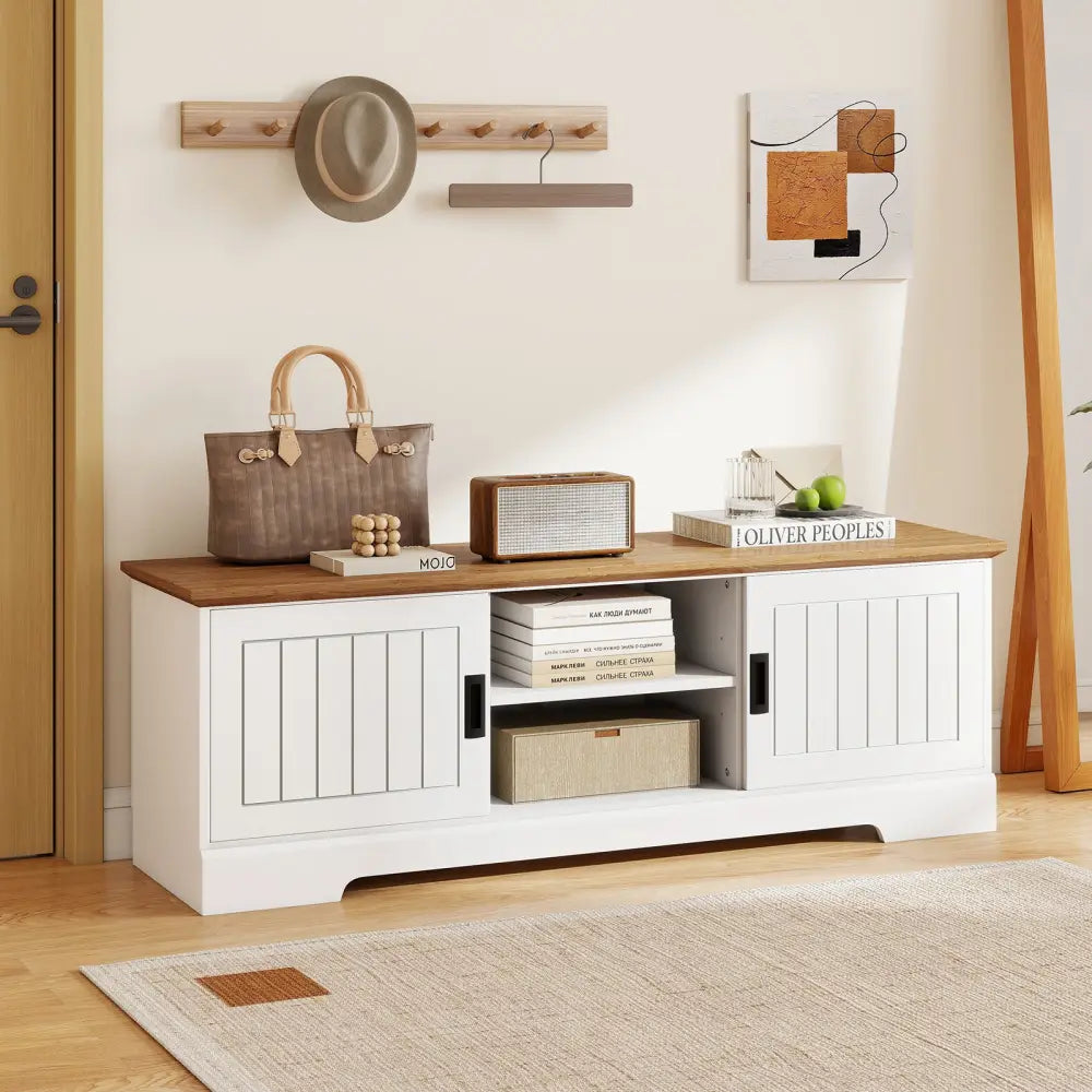 Farmhouse TV Stand for TVs up to 65 Inch with Sliding Doors and Storage Cabinets-White - White - Entertainment Centers