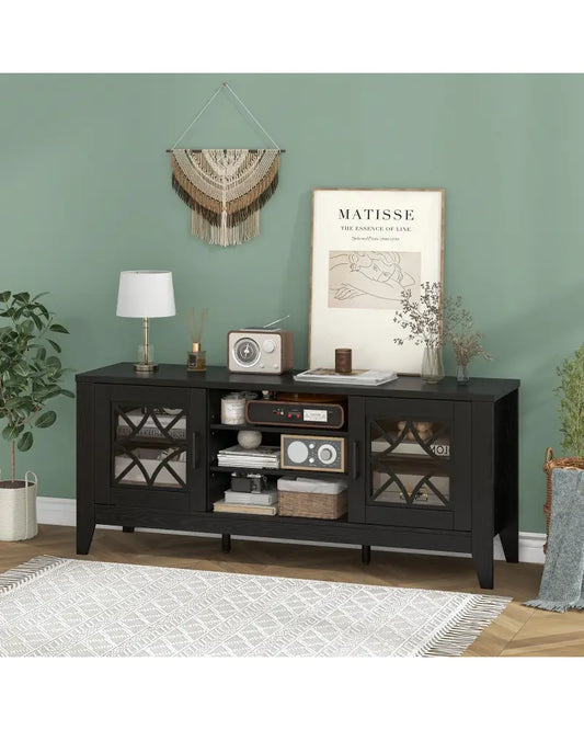 Farmhouse TV Stand for TVs Up to 65 Inches 4 Adjustable Shelves-Black - Black - Entertainment Centers & TV Stands