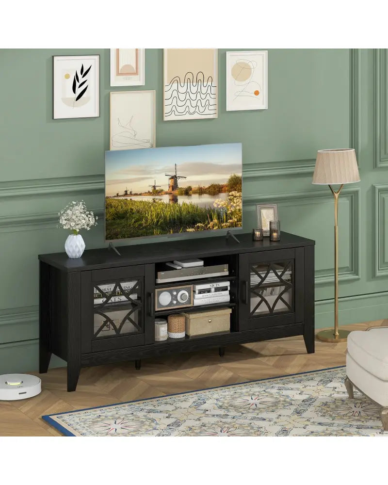 Farmhouse TV Stand for TVs Up to 65 Inches 4 Adjustable Shelves-Black - Black - Entertainment Centers & TV Stands