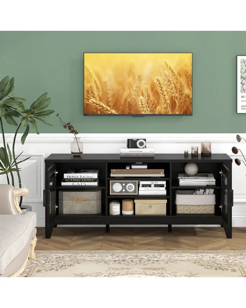 Farmhouse TV Stand for TVs Up to 65 Inches 4 Adjustable Shelves-Black - Black - Entertainment Centers & TV Stands