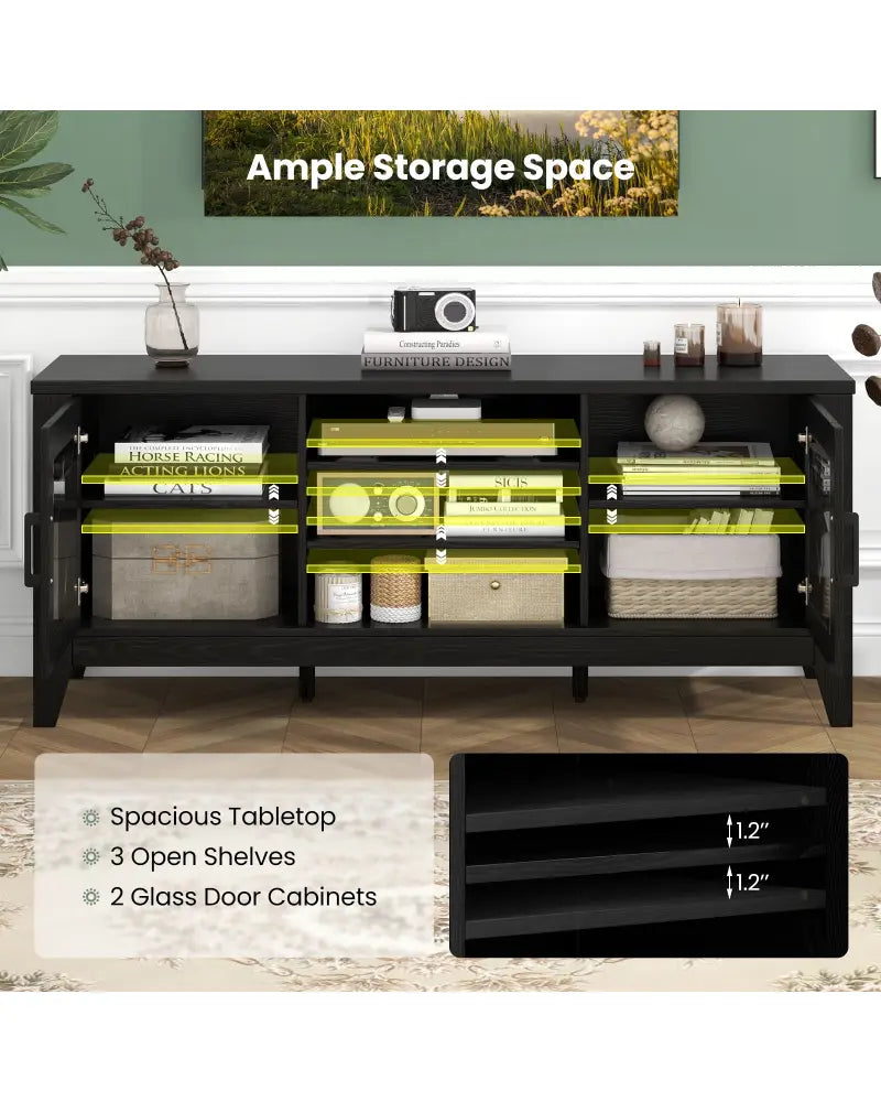 Farmhouse TV Stand for TVs Up to 65 Inches 4 Adjustable Shelves-Black - Black - Entertainment Centers & TV Stands