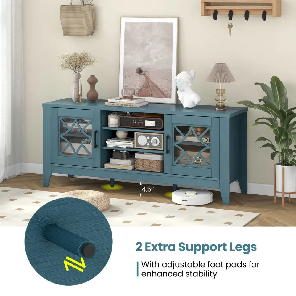 Farmhouse TV Stand for TVs Up to 65 Inches 4 Adjustable Shelves-Teal Blue - Blue - Entertainment Centers & TV Stands