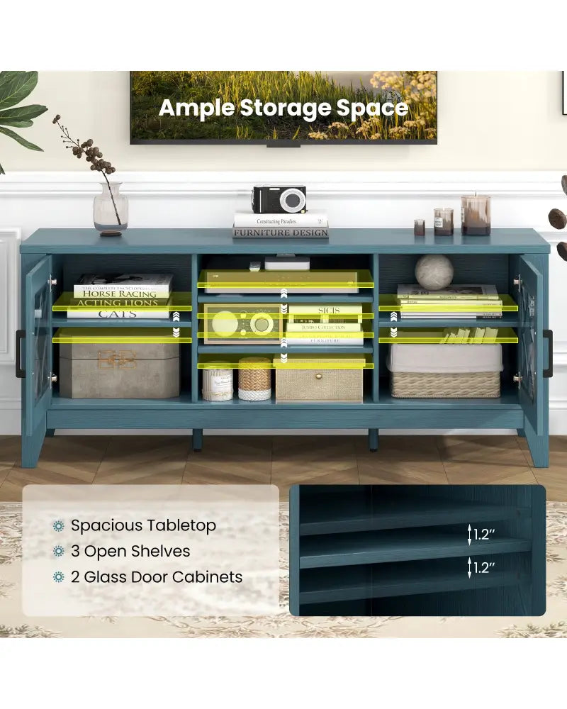 Farmhouse TV Stand for TVs Up to 65 Inches 4 Adjustable Shelves-Teal Blue - Blue - Entertainment Centers & TV Stands
