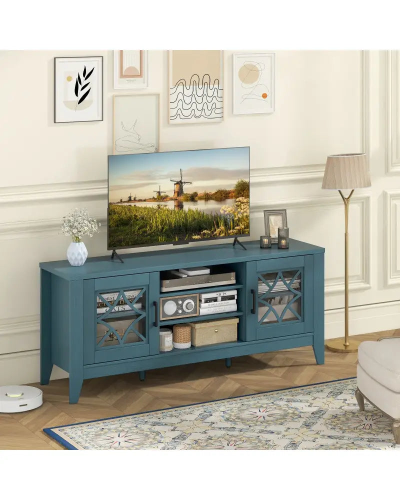 Farmhouse TV Stand for TVs Up to 65 Inches 4 Adjustable Shelves-Teal Blue - Blue - Entertainment Centers & TV Stands