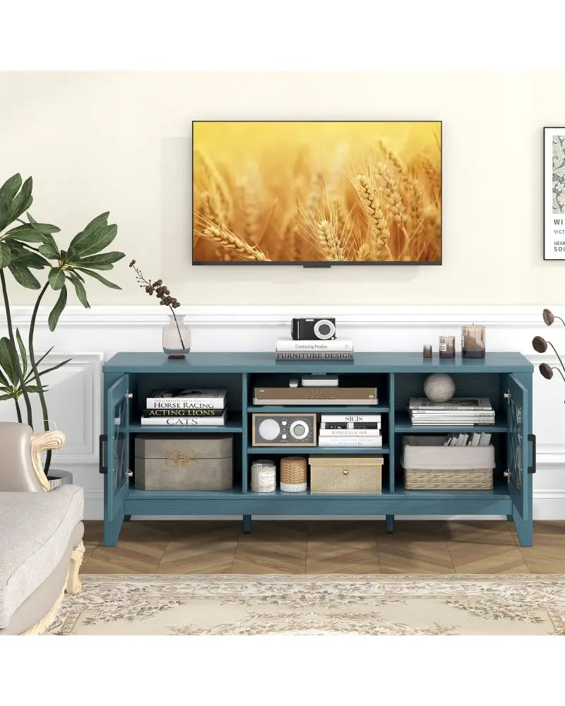 Farmhouse TV Stand for TVs Up to 65 Inches 4 Adjustable Shelves-Teal Blue - Blue - Entertainment Centers & TV Stands