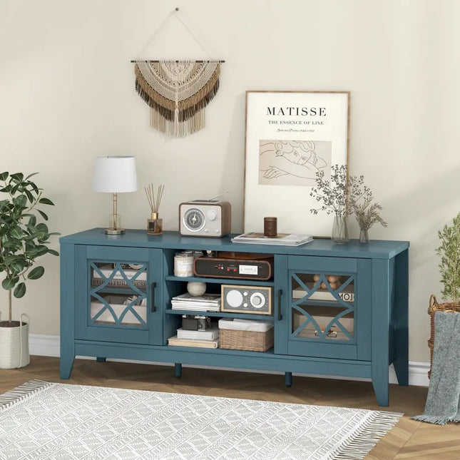 Farmhouse TV Stand for TVs Up to 65 Inches 4 Adjustable Shelves-Teal Blue - Blue - Living Room