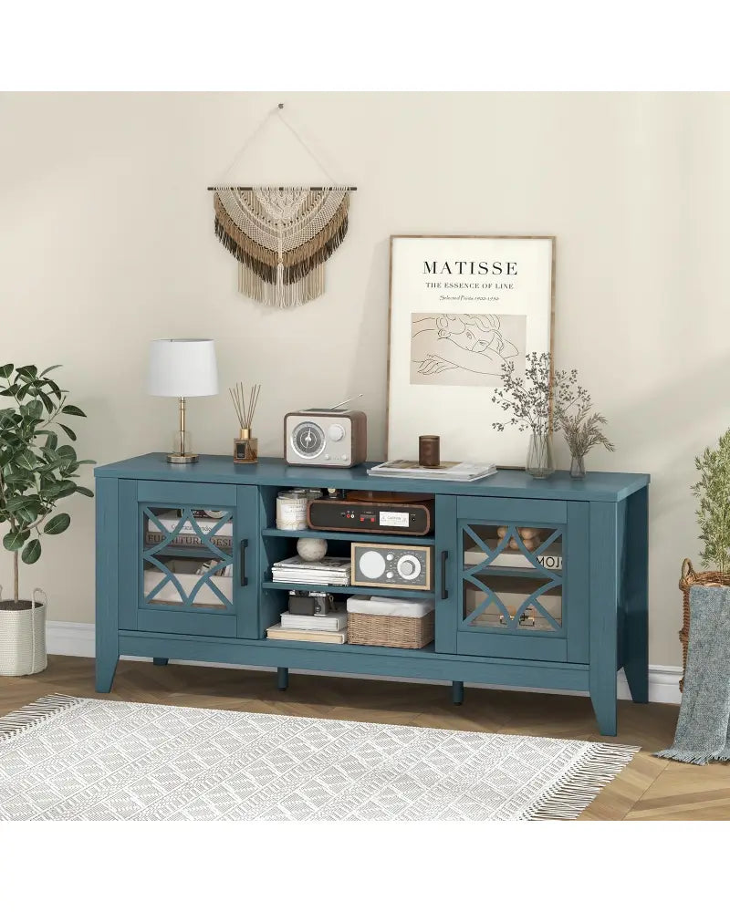 Farmhouse TV Stand for TVs Up to 65 Inches 4 Adjustable Shelves-Teal Blue - Blue - Entertainment Centers & TV Stands