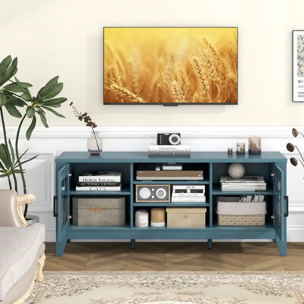 Farmhouse TV Stand for TVs Up to 65 Inches 4 Adjustable Shelves-Teal Blue - Blue - Living Room