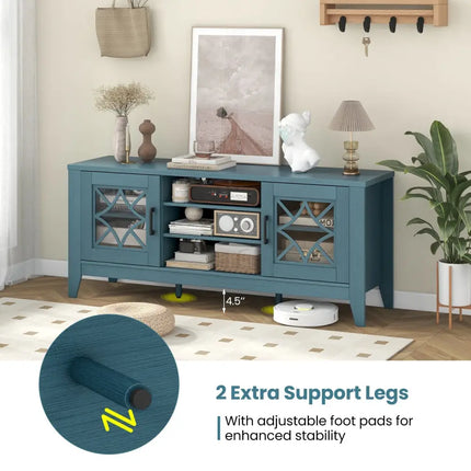 Farmhouse TV Stand for TVs Up to 65 Inches 4 Adjustable Shelves-Teal Blue - Blue - Living Room