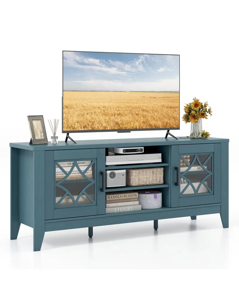 Farmhouse TV Stand for TVs Up to 65 Inches 4 Adjustable Shelves-Teal Blue - Blue - Entertainment Centers & TV Stands