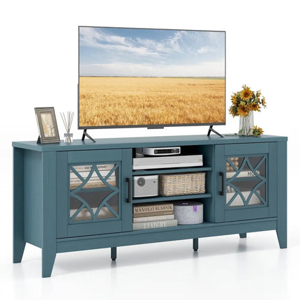 Farmhouse TV Stand for TVs Up to 65 Inches 4 Adjustable Shelves-Teal Blue - Blue - Living Room