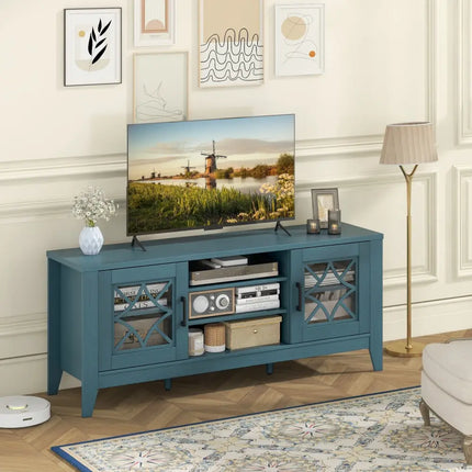 Farmhouse TV Stand for TVs Up to 65 Inches 4 Adjustable Shelves-Teal Blue - Blue - Living Room