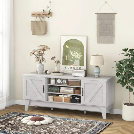 Farmhouse TV Stand for TVs Up to 65 Inches with 2 Barn Door Cabinets-Gray - Gray - Living Room