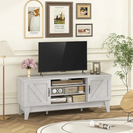 Farmhouse TV Stand for TVs Up to 65 Inches with 2 Barn Door Cabinets-Gray - Gray - Living Room