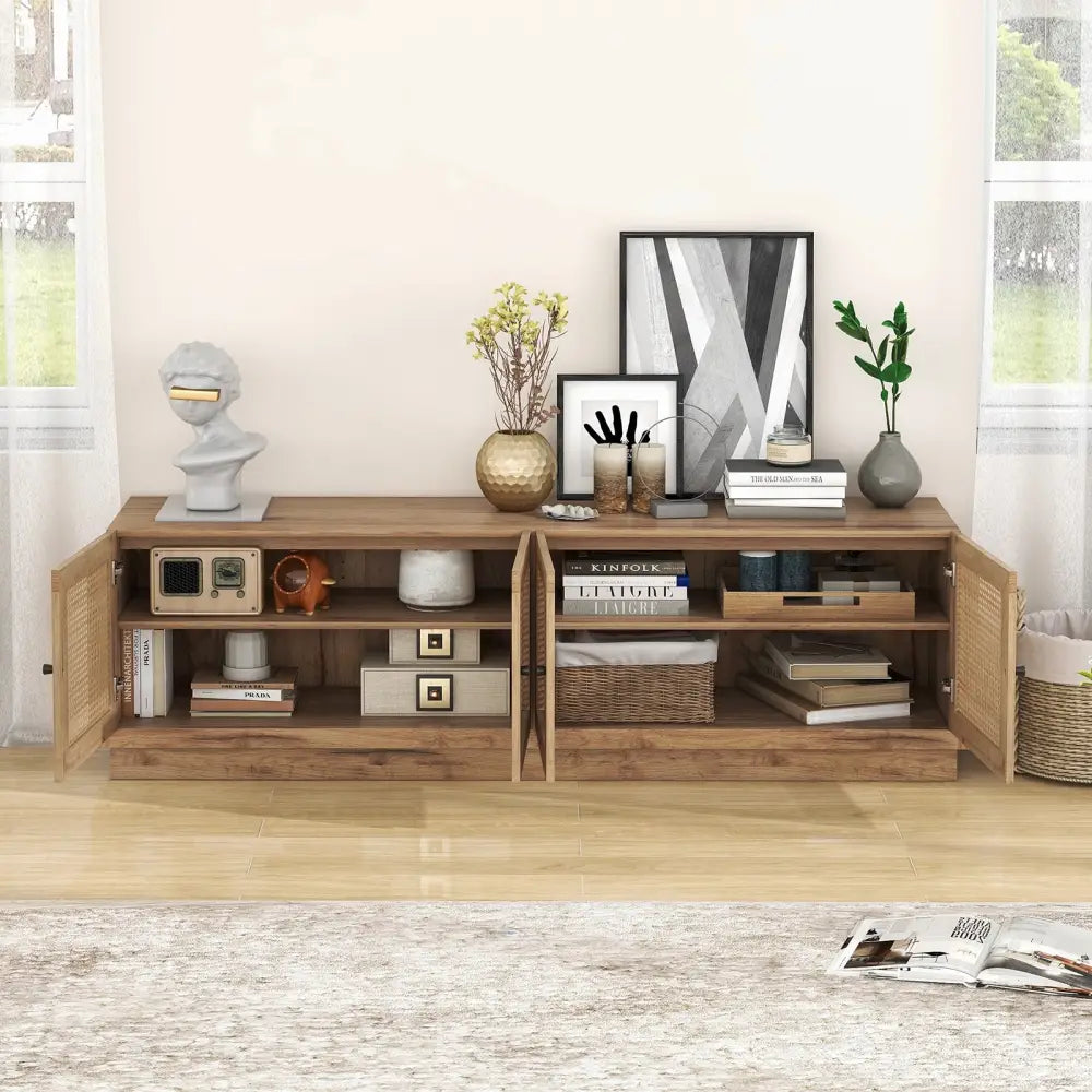 Farmhouse TV Stand for TVs up to 75 Inches with 2 Cabinets-Oak - Oak - Entertainment Centers & TV Stands