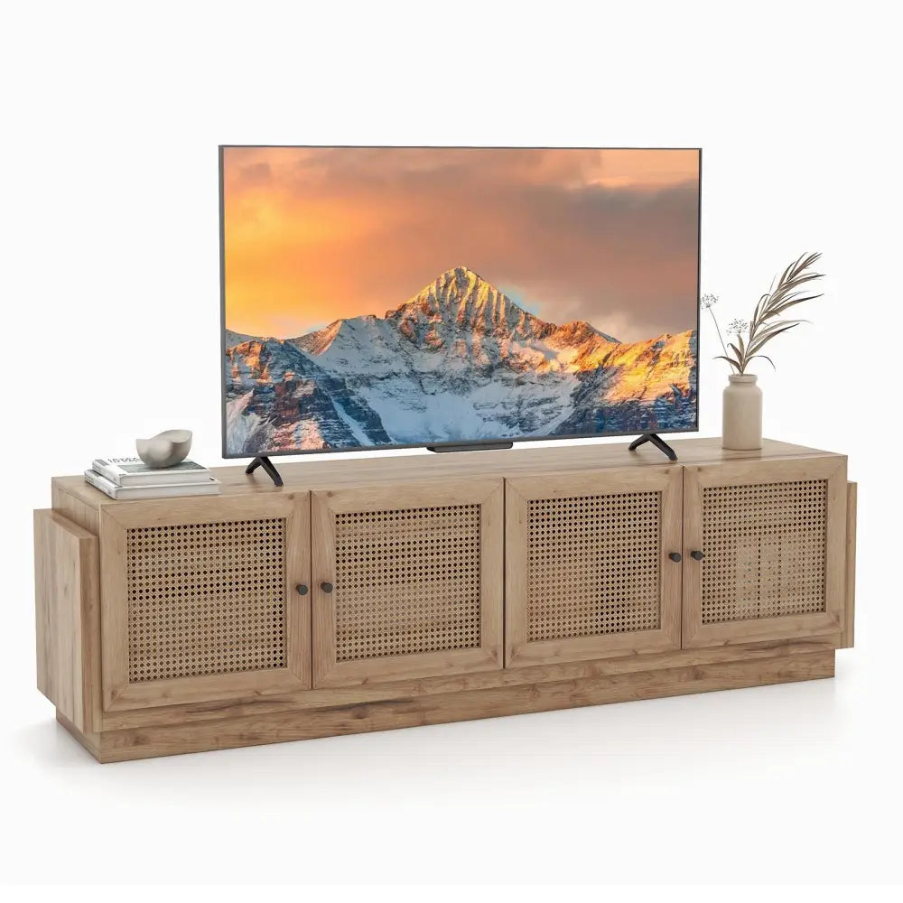 Farmhouse TV Stand for TVs up to 75 Inches with 2 Cabinets-Oak - Oak - Entertainment Centers & TV Stands