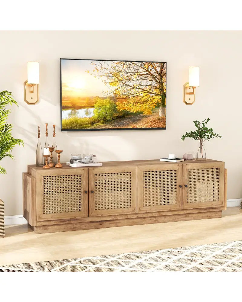 Farmhouse TV Stand for TVs up to 75 Inches with 2 Cabinets-Oak - Oak - Entertainment Centers & TV Stands