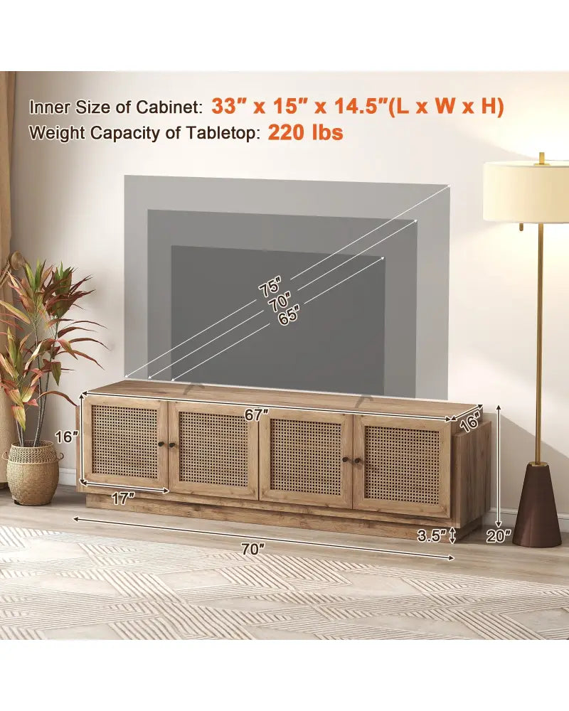 Farmhouse TV Stand for TVs up to 75 Inches with 2 Cabinets-Oak - Oak - Entertainment Centers & TV Stands