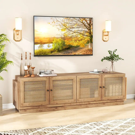 Farmhouse TV Stand for TVs up to 75 Inches with 2 Cabinets-Oak - Oak - Entertainment Centers & TV Stands
