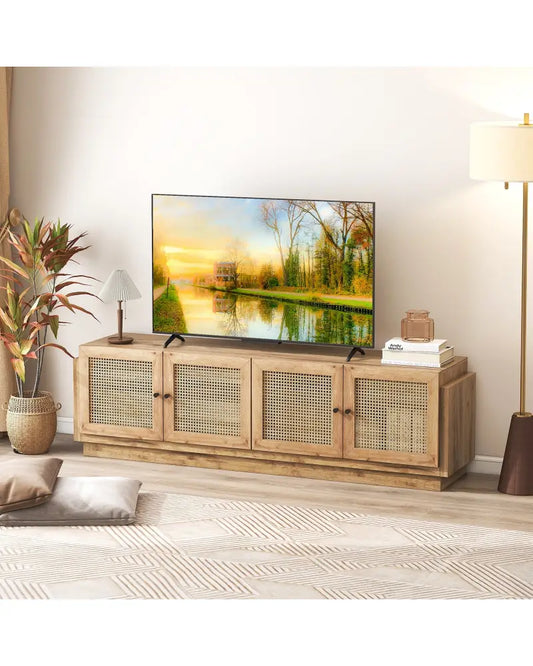 Farmhouse TV Stand for TVs up to 75 Inches with 2 Cabinets-Oak - Oak - Entertainment Centers & TV Stands