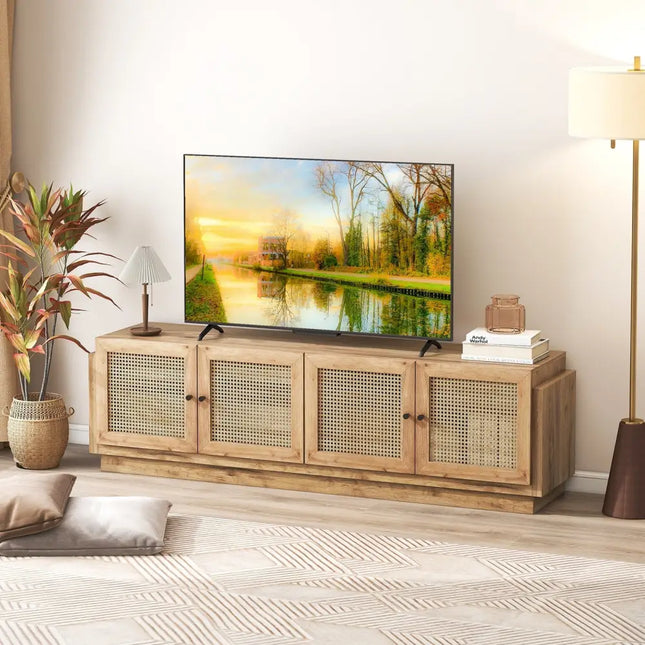 Farmhouse TV Stand for TVs up to 75 Inches with 2 Cabinets-Oak - Oak - Entertainment Centers & TV Stands