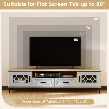Farmhouse TV Stand for TVs up to 80 Inch with 2 Drawers-Oak and Gray - Oak - Entertainment Centers & TV Stands