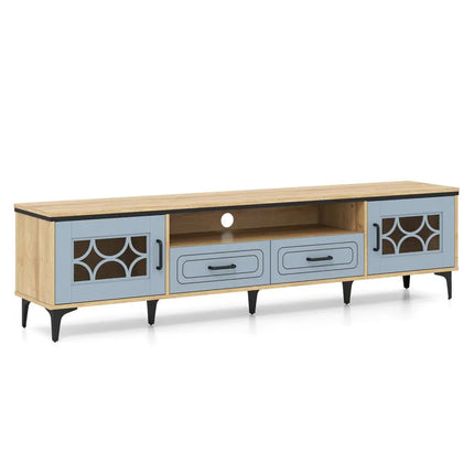 Farmhouse TV Stand for TVs up to 80 Inch with 2 Drawers-Oak and Gray - Oak - Entertainment Centers & TV Stands