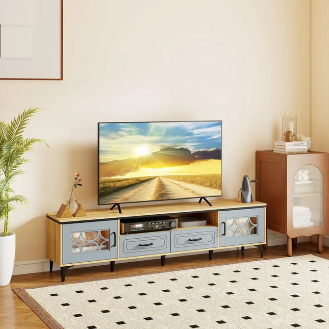 Farmhouse TV Stand for TVs up to 80 Inch with 2 Drawers-Oak and Gray - Oak - Entertainment Centers & TV Stands