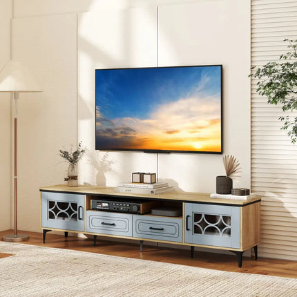 Farmhouse TV Stand for TVs up to 80 Inch with 2 Drawers-Oak and Gray - Oak - Entertainment Centers & TV Stands