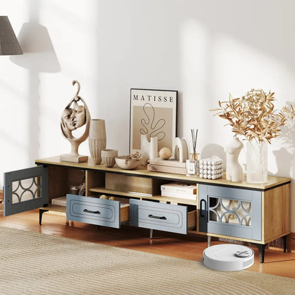 Farmhouse TV Stand for TVs up to 80 Inch with 2 Drawers-Oak and Gray - Oak - Entertainment Centers & TV Stands