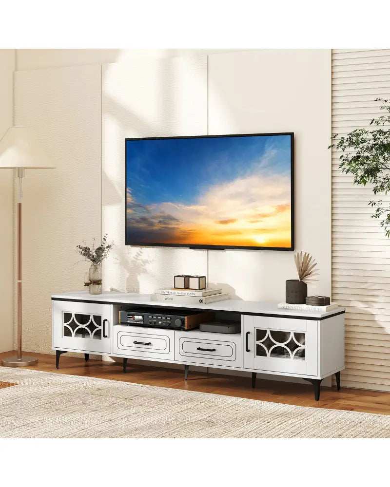 Farmhouse TV Stand for TVs up to 80 Inch with 2 Drawers-White - White - Entertainment Centers & TV Stands