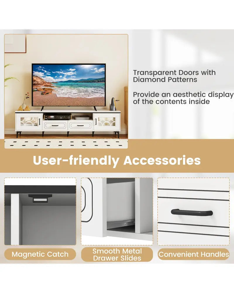 Farmhouse TV Stand for TVs up to 80 Inch with 2 Drawers-White - White - Entertainment Centers & TV Stands