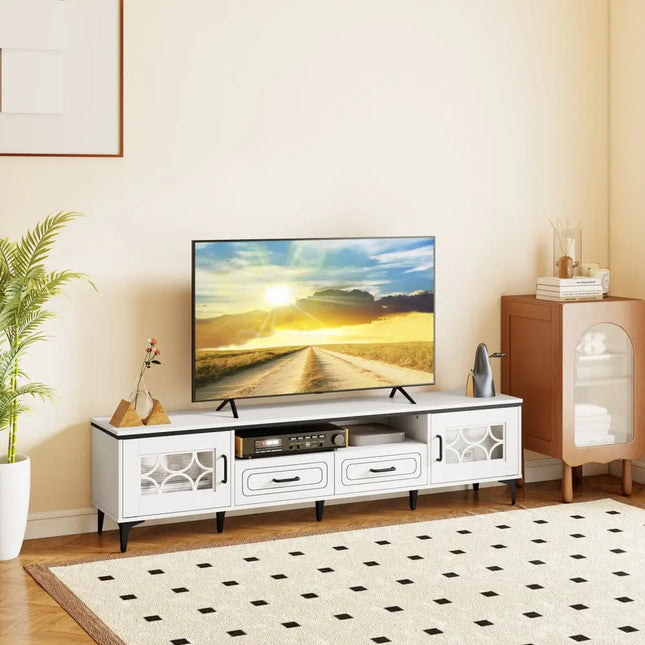 Farmhouse TV Stand for TVs up to 80 Inch with 2 Drawers-White - White - Entertainment Centers & TV Stands