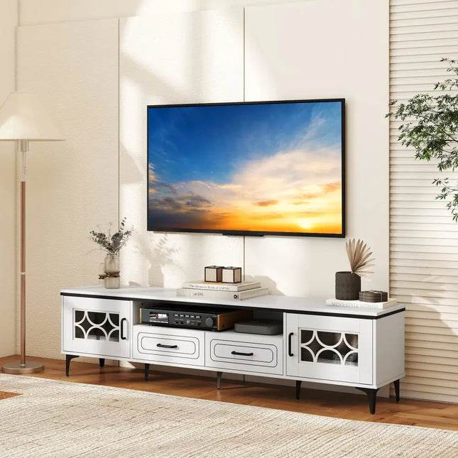 Farmhouse TV Stand for TVs up to 80 Inch with 2 Drawers-White - White - Entertainment Centers & TV Stands