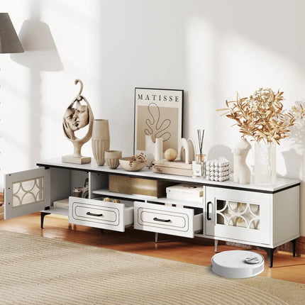 Farmhouse TV Stand for TVs up to 80 Inch with 2 Drawers-White - White - Entertainment Centers & TV Stands