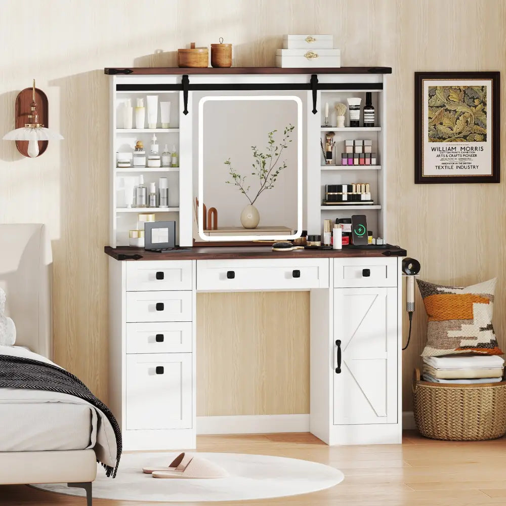 Farmhouse Vanity Desk with Barn-Style Sliding Mirror and 3 Lighting Modes-White - White - Makeup Vanities