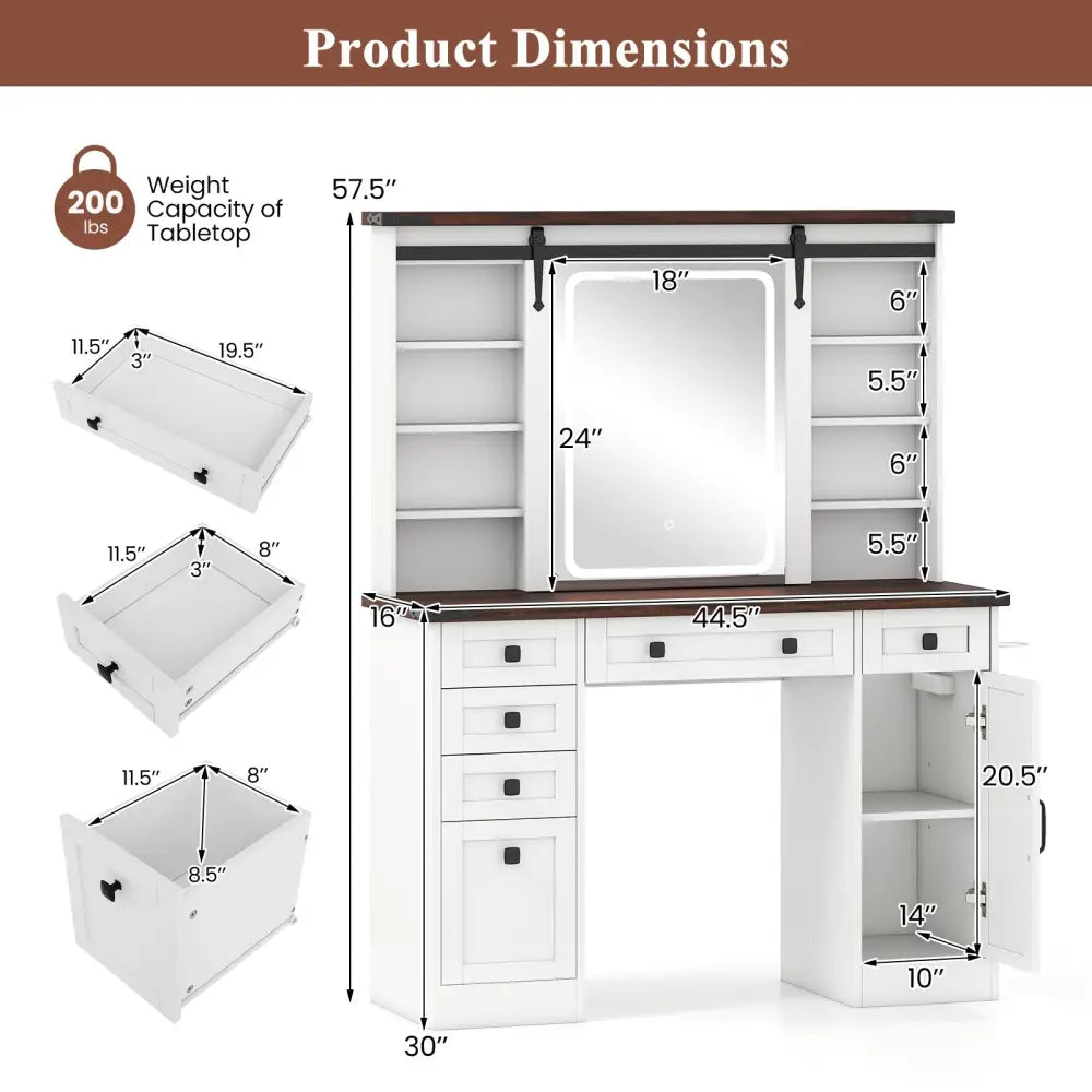 Farmhouse Vanity Desk with Barn-Style Sliding Mirror and 3 Lighting Modes-White - White - Makeup Vanities