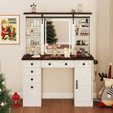 Farmhouse Vanity Desk with Barn-Style Sliding Mirror and 3 Lighting Modes-White - White - Makeup Vanities
