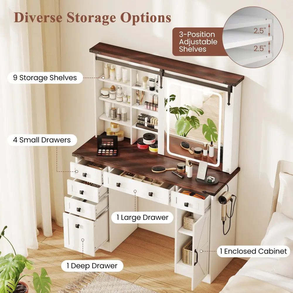 Farmhouse Vanity Desk with Barn-Style Sliding Mirror and 3 Lighting Modes-White - White - Makeup Vanities