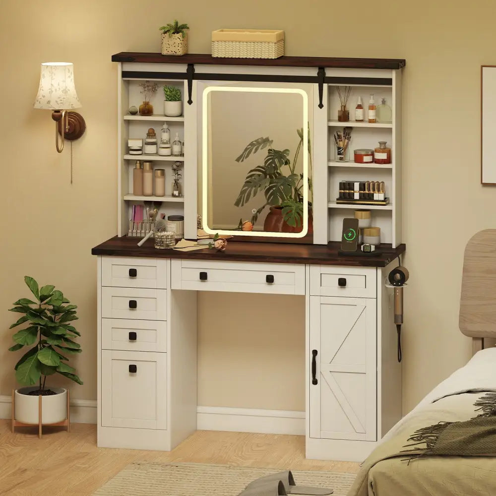 Farmhouse Vanity Desk with Barn-Style Sliding Mirror and 3 Lighting Modes-White - White - Makeup Vanities